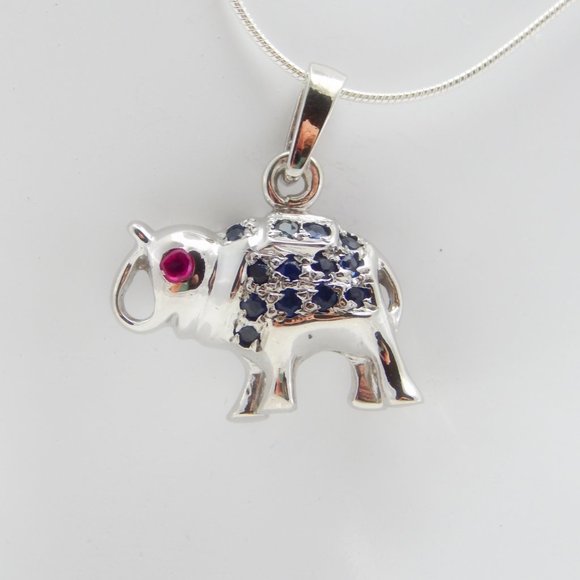 Genuine Ruby and Sapphire Lucky Elephant Necklace in 925 Sterling Silver - Picture 3 of 5